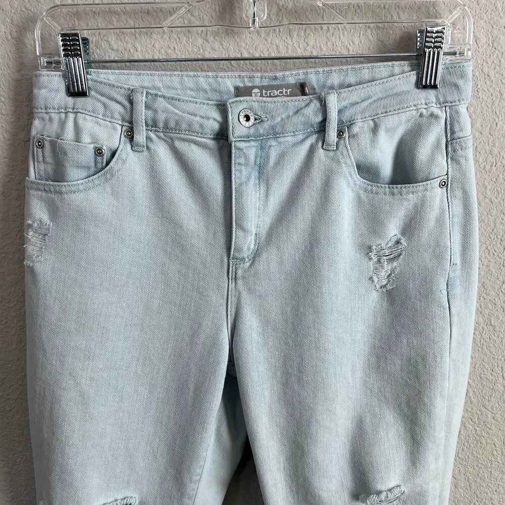 Tractr Distressed Skinny Leg Jeans Girl's 14 Light Wash Mid Rise Stretch Raw Hem